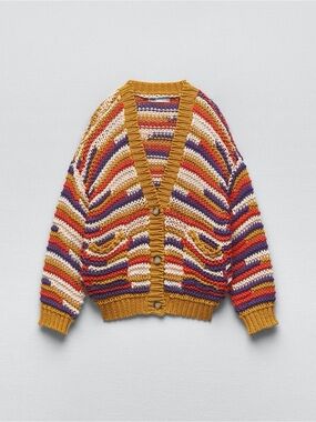 Zara Chunky Striped Knit Cardigan in Mustard, Red, Purple Size S/M